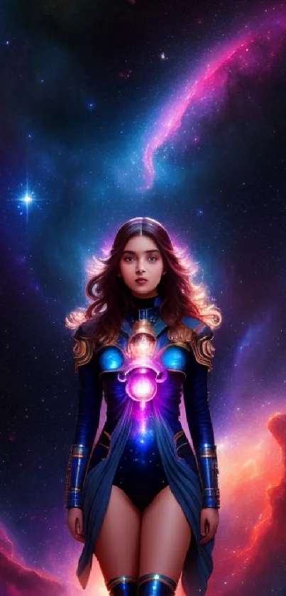 Galactic female warrior with cosmic background and vibrant colors.