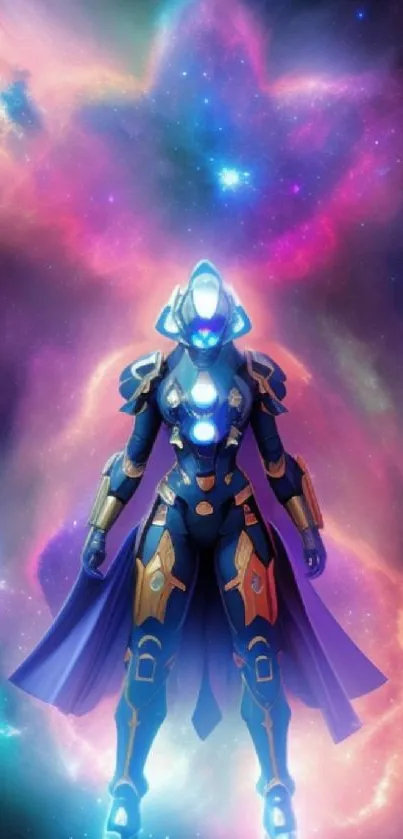 Galactic warrior in futuristic armor stands amid a vibrant nebula.