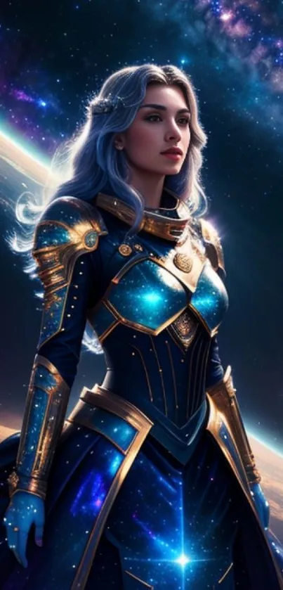 Galactic warrior princess in a cosmic blue and gold armor with a starry background.