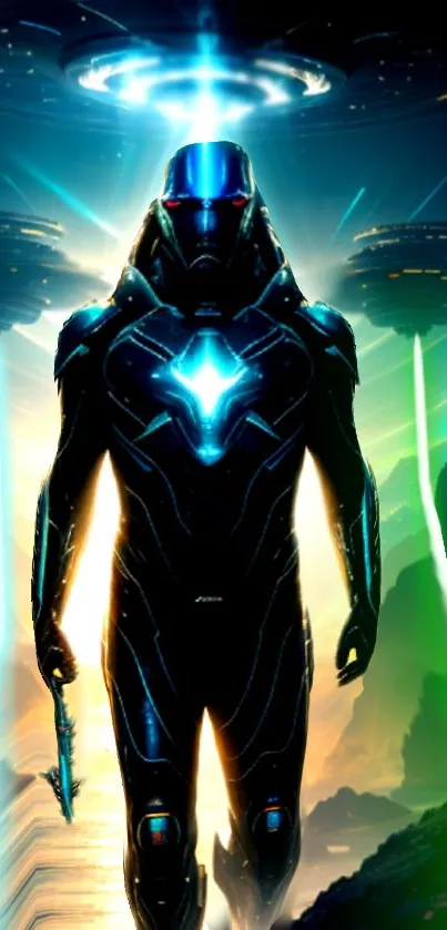 A futuristic warrior in glowing blue armor stands heroically against a cosmic backdrop.