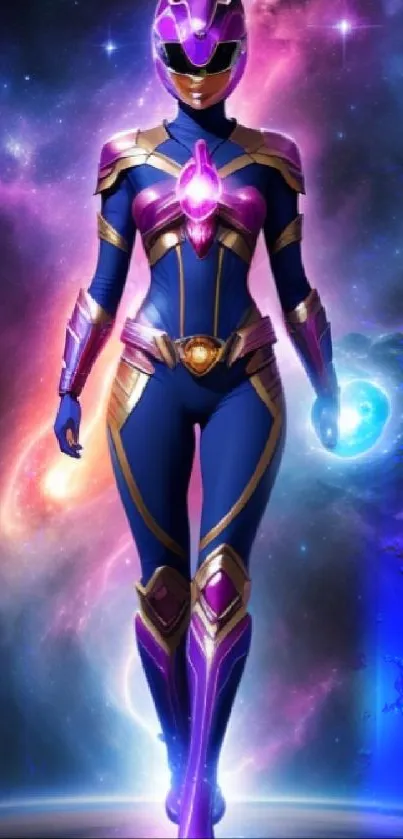 Futuristic galactic warrior in a purple nebula.