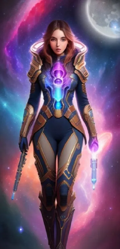 Futuristic female warrior in vibrant cosmic backdrop.