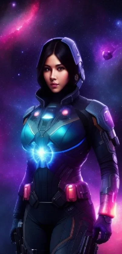 Galactic warrior in futuristic armor against a cosmic purple and pink space backdrop.