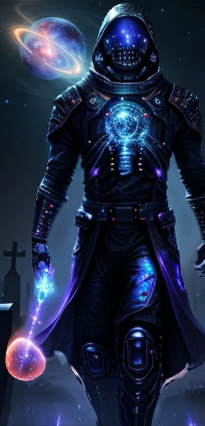 Cosmic warrior in dark armor with glowing energy in a galaxy background.