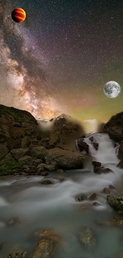 Galaxy and waterfall with a vivid planet and moon in a starry nightscape.