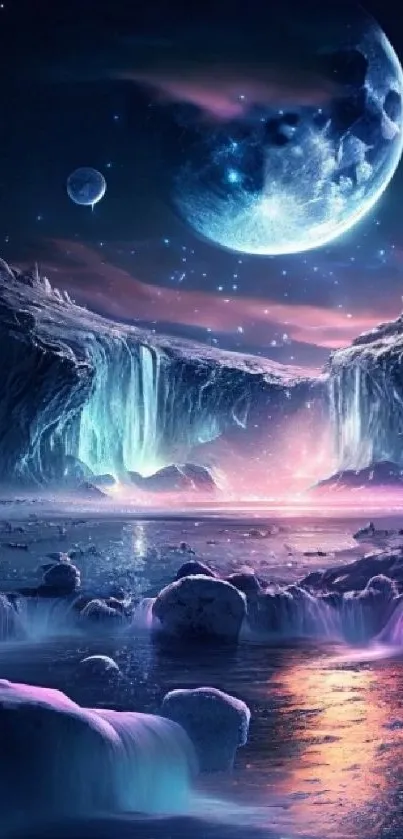 Mystic cosmic landscape with glowing waterfall under a moonlit sky, ideal for phone wallpaper.