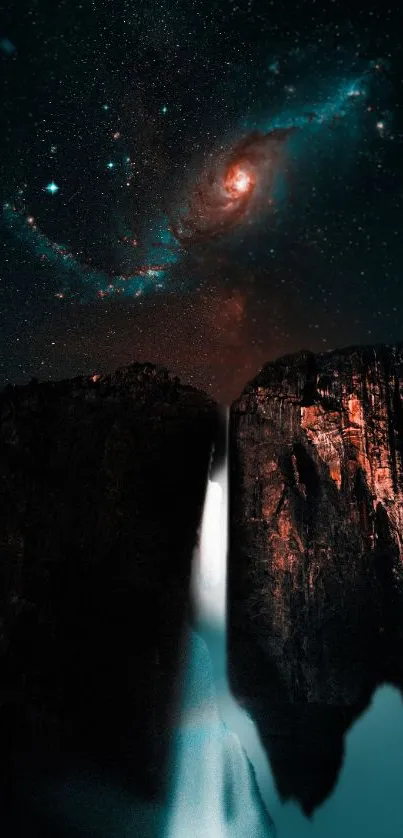 Galaxy and waterfall blend in starry night mobile wallpaper.