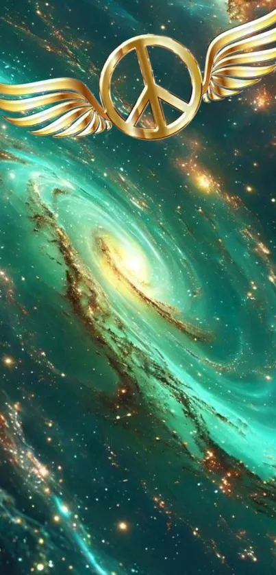 Teal galaxy wallpaper with a golden peace symbol with wings.