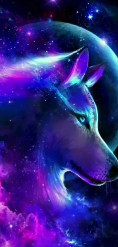 Mystical wolf in a cosmic setting with vibrant purple and blue shades.