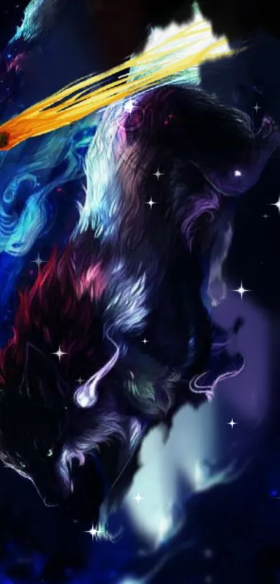 Illustrative wallpaper of a galactic wolf with cosmic elements and a starry background.