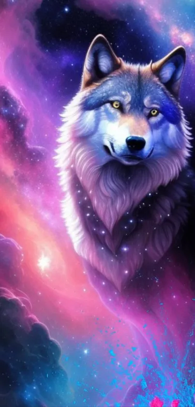 Vibrant galactic wolf in cosmic setting mobile wallpaper.