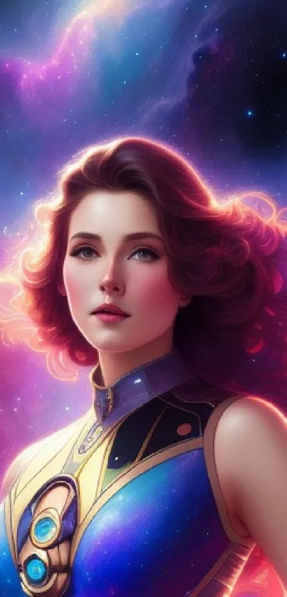 Fantasy woman in cosmic setting with galaxy colors.