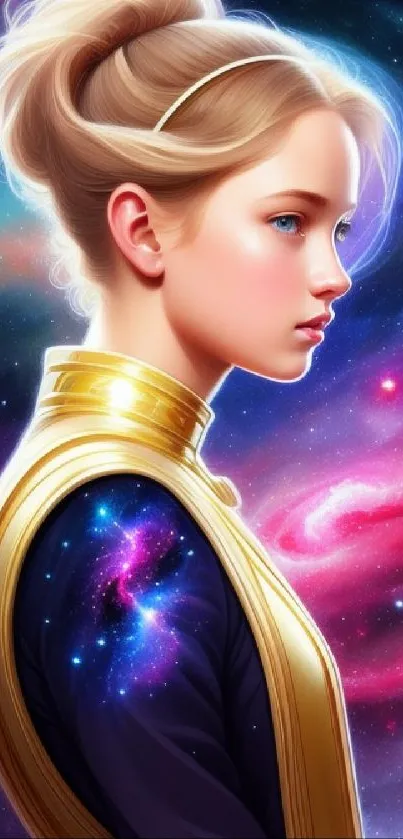 Woman in space-themed digital art with vibrant galactic background.