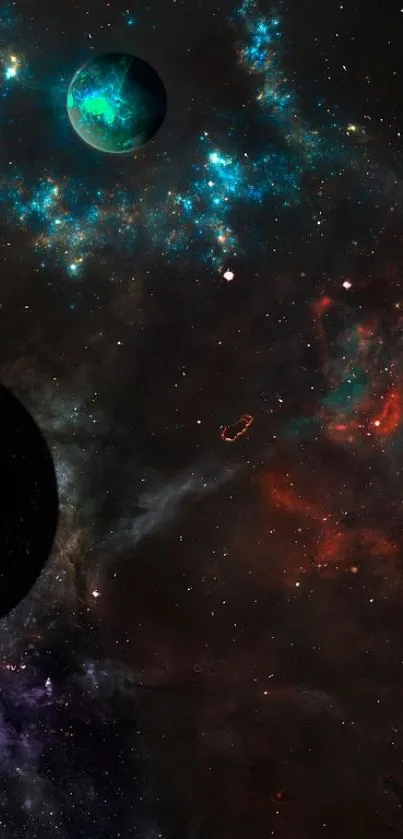 Stunning galaxy wallpaper with planets, colorful nebulae, and cosmic background.