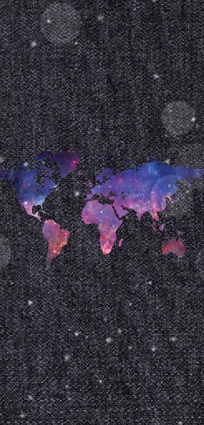 Galactic themed world map on textured dark wallpaper background.