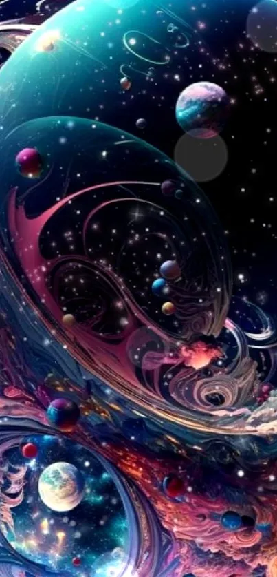 Abstract galaxy wallpaper with planets and vibrant cosmic swirls.