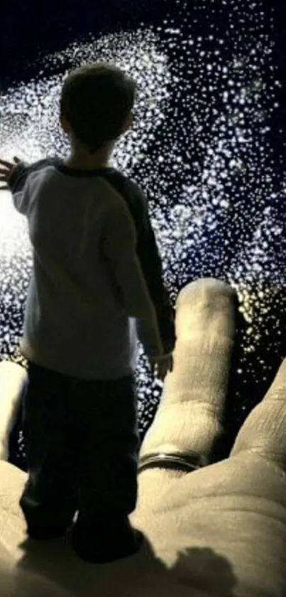 Child on giant hand gazing at a galaxy