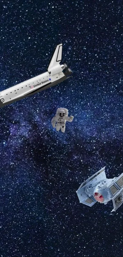 Space-themed mobile wallpaper with shuttle and astronaut in a starry galaxy background.