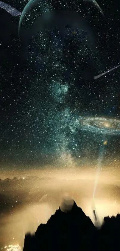 Stunning galaxy night sky wallpaper with stars and mountains.