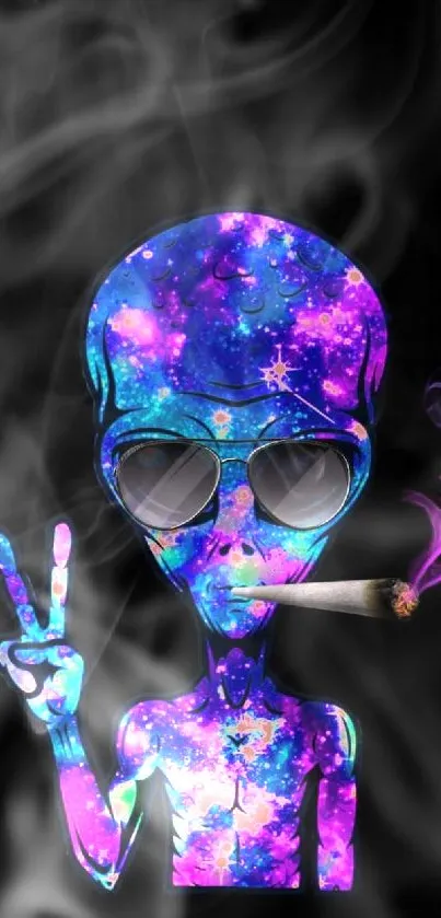 Vibrant galaxy alien with neon colors and sunglasses, holding a cigarette.