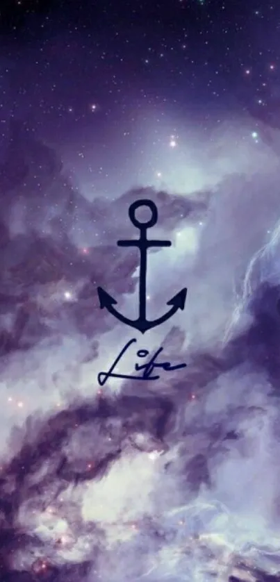 Mobile wallpaper with a purple galaxy and anchor design.