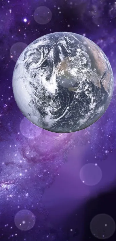 Mobile wallpaper of Earth in a purple galaxy with stars.