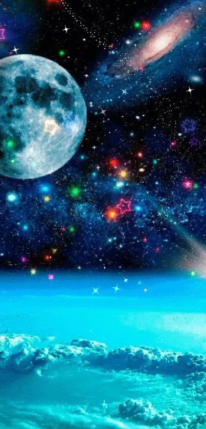 Luminous galaxy with full moon over vibrant blue Earth clouds.