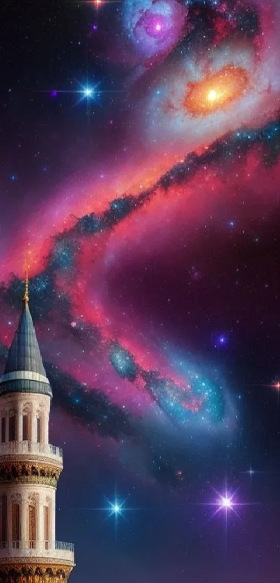 Silhouette of mosque beneath vibrant galaxy and starry sky.