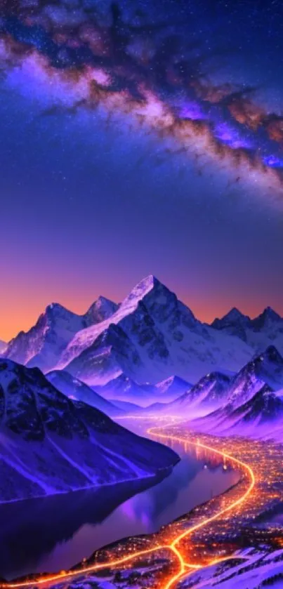 A breathtaking view of the galaxy over snowy mountains with vibrant purple hues.