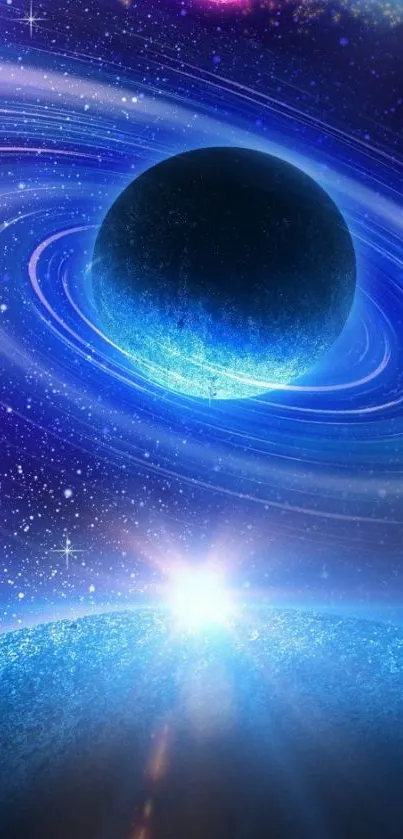 Vibrant galaxy and planets wallpaper in blue hues for mobile.