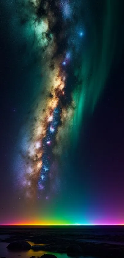 Mobile wallpaper of galaxy with rainbow horizon and vibrant night sky.