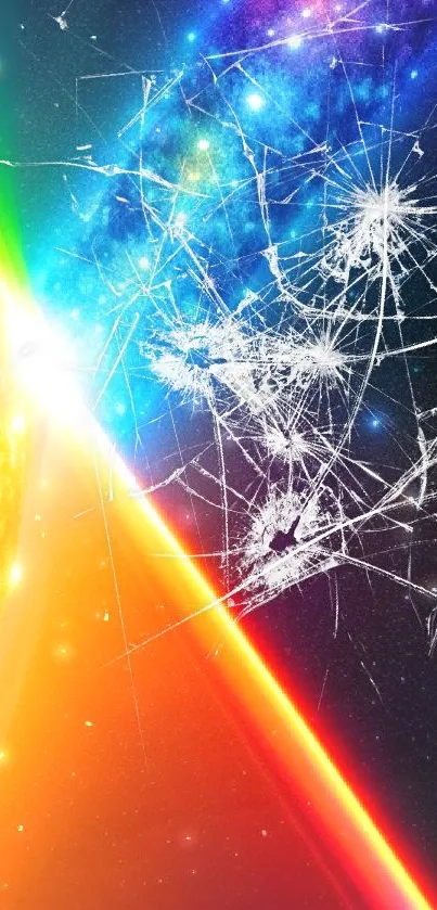 Colorful galaxy and sun wallpaper with shattered glass effect.