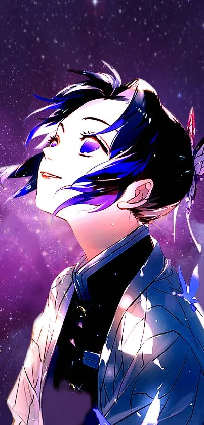 Anime character in a purple galaxy backdrop, perfect for mobile wallpaper.