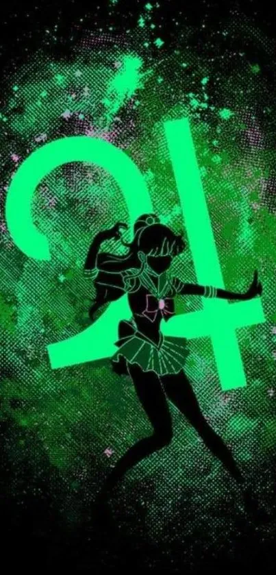 Anime girl silhouette in glowing green galaxy background.