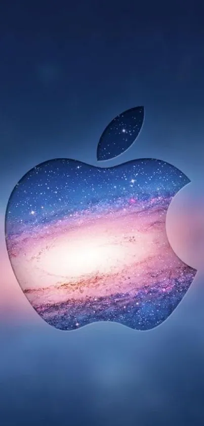 Apple logo with galaxy backdrop in blue and purple hues for mobile wallpaper.