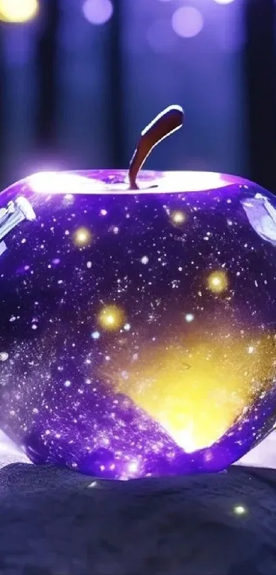 Galaxy-themed apple with cosmic colors and stars, set against a purple background.