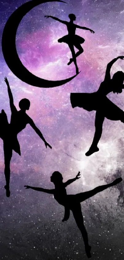 Ballet silhouettes dancing in a galaxy-themed wallpaper with a starry backdrop.