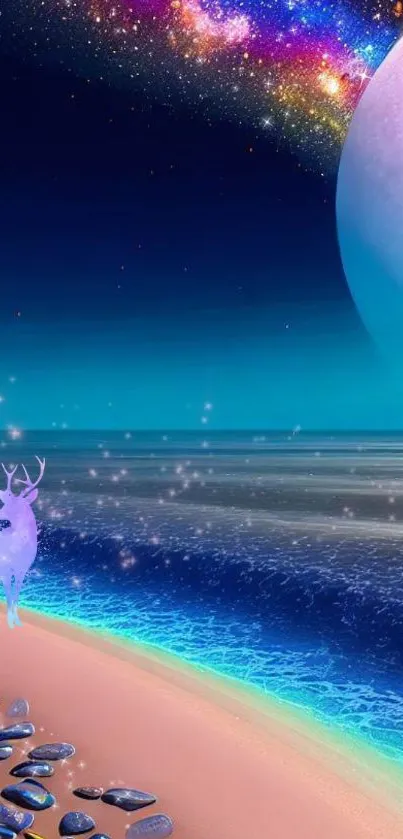 Whimsical galaxy themed beach with a mystical deer under a starry night sky.