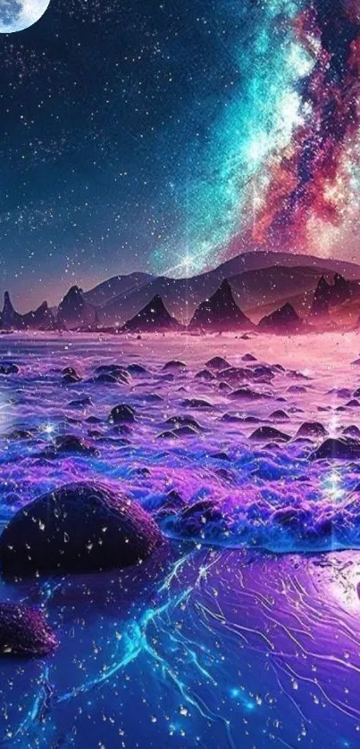 Fantastical galaxy beach under a starry night sky.