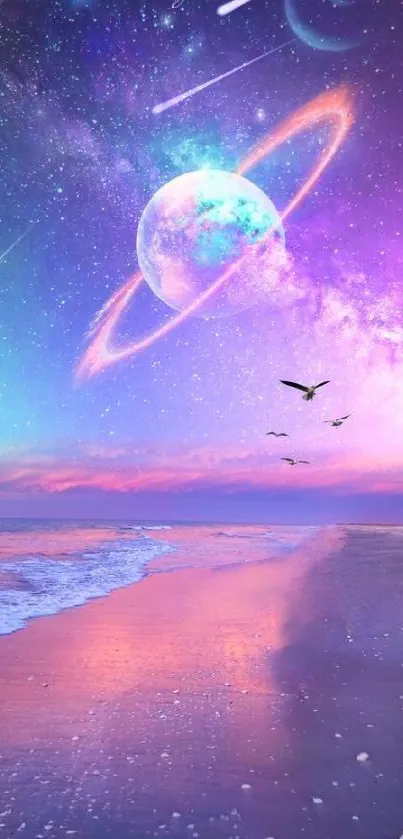 Colorful cosmic beach scene with planets and stars.