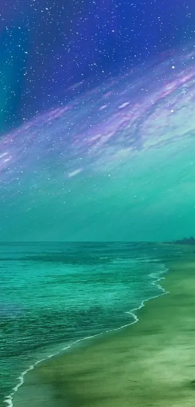 Tranquil beach with a galaxy night sky above.