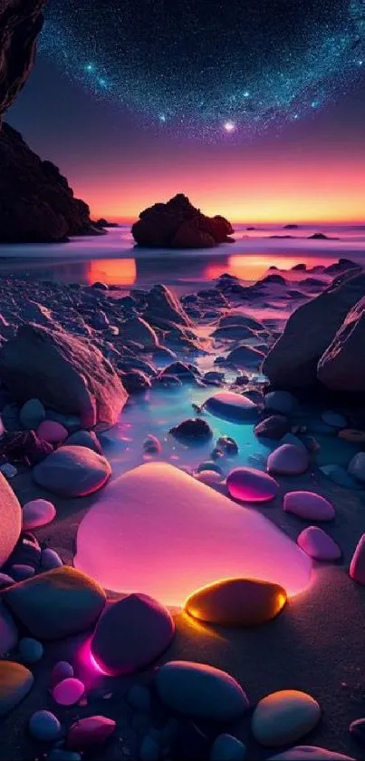 Cosmic beach night view with glowing stones.