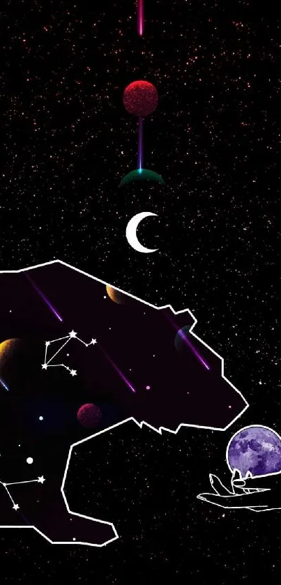 Silhouetted bear with galaxy and planets in mobile wallpaper design.