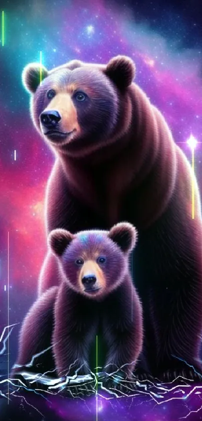 Two bears standing against a starry galaxy background in vibrant colors.