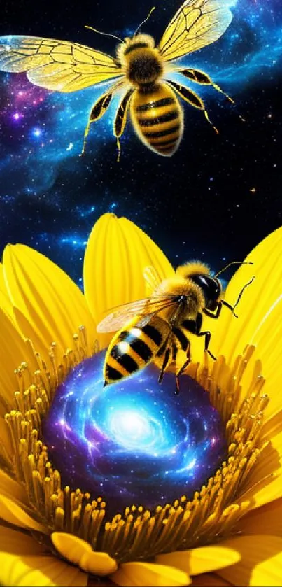 Bees hovering over a sunflower with a galaxy center.