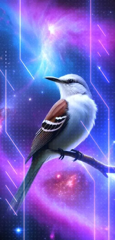 Bird perched against a vibrant purple galaxy background, showcasing cosmic beauty.