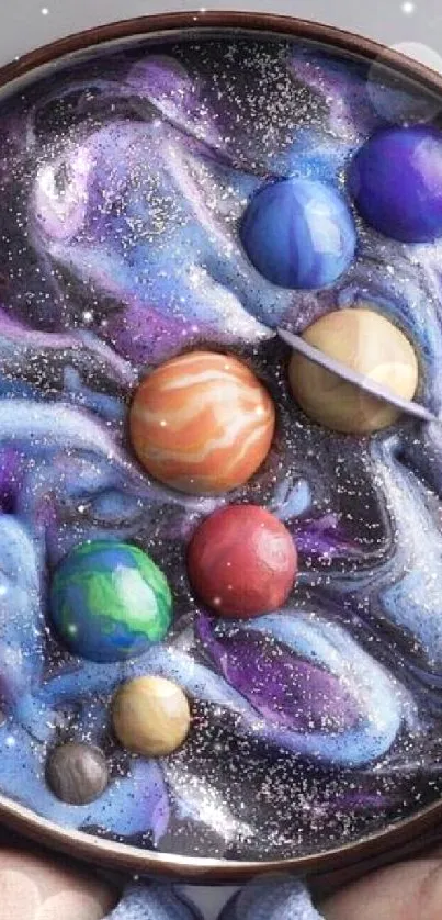 Cosmic breakfast bowl with planets as mobile wallpaper.