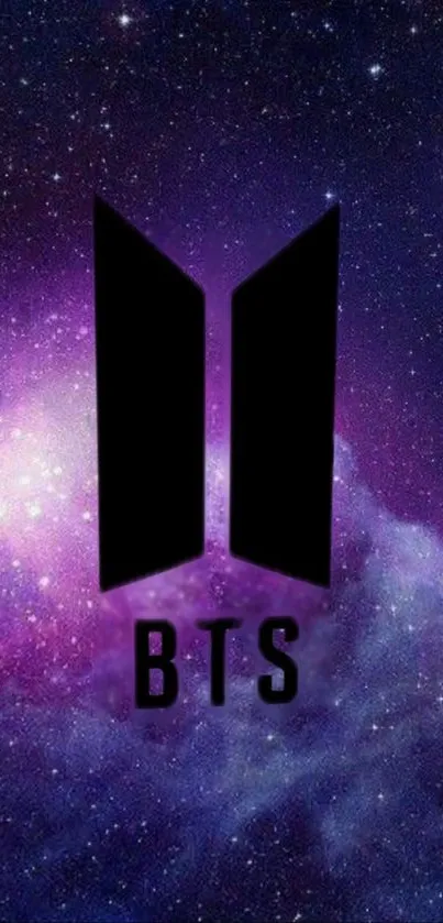 BTS logo set against a purple galaxy background with stars.