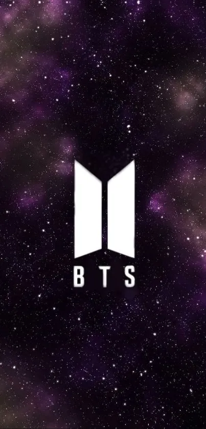 BTS logo on a cosmic purple galaxy background.