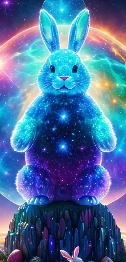 Colorful galaxy bunny sitting on a rock with a cosmic backdrop.